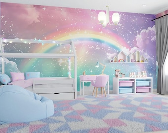 Colorful Rainbow Wallpaper & Wall Mural Vibrant Watercolor Wallpaper for Living Room or Bedroom, Playroom Peel and Stick Art Deco Wallpaper