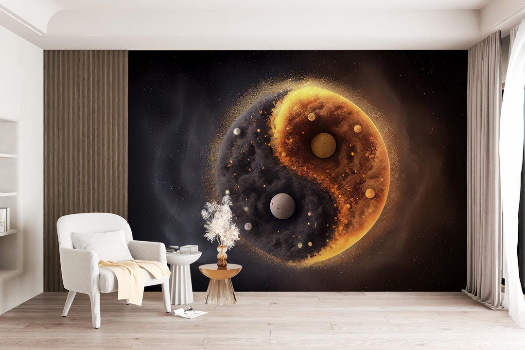 Yin Yang Wallpaper Mural: Black and Gold Abstract, Peel and Stick