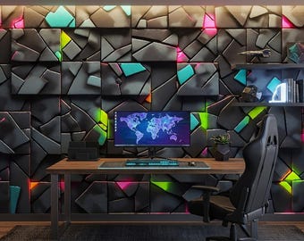 Mural geométrico de estilo synthwave neón: decoración oscura para videojuegos.