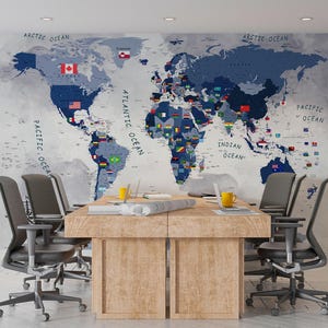 Country Flags Wallpaper & Educational Political Map Wall Mural for Office Bedroom Study or Kids Room Decor Customized Wallpaper Custom Size