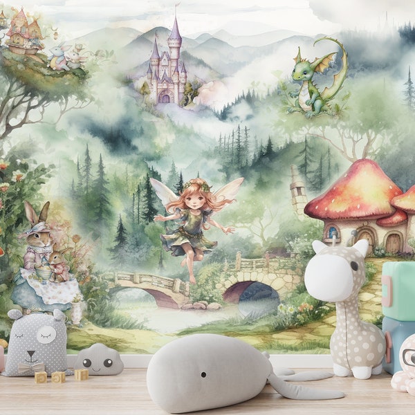 Fairytale Children's World Wallpaper & Castle Kids Cute Fairy Princess Fantastic Dragons Room Decor Wall Art Mural Peel and Stick Watercolor