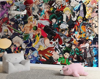Anime Character Collage Wallpaper Shonen Manga Wall Mural Peel and Stick Decor Kids Bedroom Wall Art Japanese Aesthetic Kids Room Wall Mural
