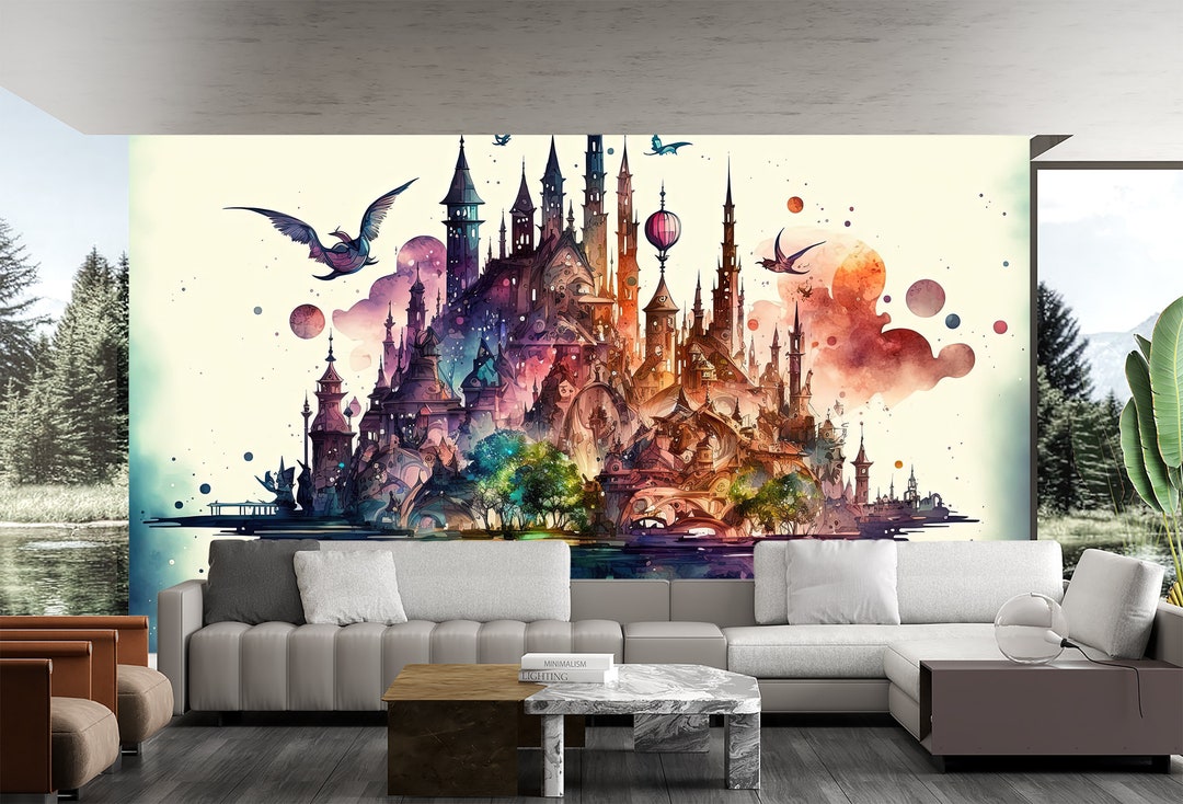 Wizardly World Castle Fantasy Wall Art Mural & Wallpaper Watercolor ...