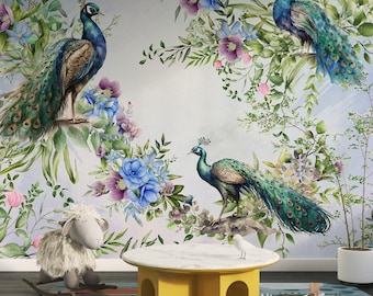 Pfauenmotiv im Chinoiserie-Stil, Vintage-Blumendekoration zum Aufkleben