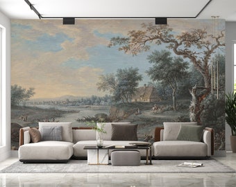 Wooded River Landscape with Travellers Wall Art Mural & Wallpaper Countryside Old Reproduction Vintage Rural Peel and Stick Decor Home