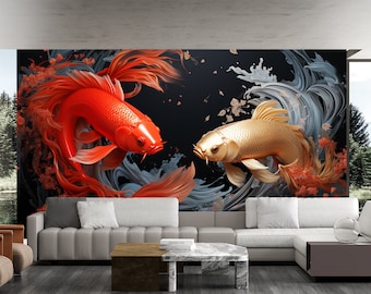 Koivissen behangmuurschildering, kunst aan de muur karper in Japanse stijl, Peel and Stick