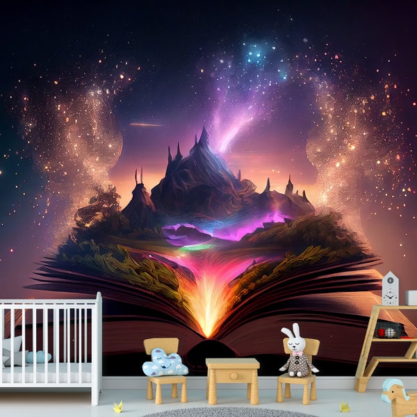 Magical book & Fantasy World Fairytale Wall Art Mural Wallpaper Nursery Magic Library Peel and Stick Decor Home Room