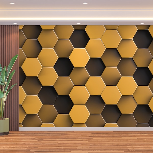 Honeycomb Pattern & Hexagon Geometric Wall Art Mural Abstract Wallpaper Hi-Tech Cubes Hexagonal Peel and Stick Decor Playroom Gaming