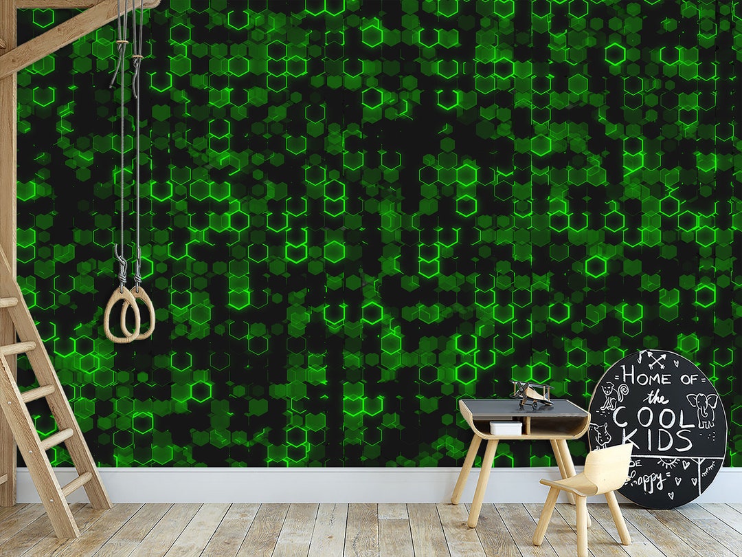 Hexagonal Green Matrix Wall Art Mural Cubes & Hitech