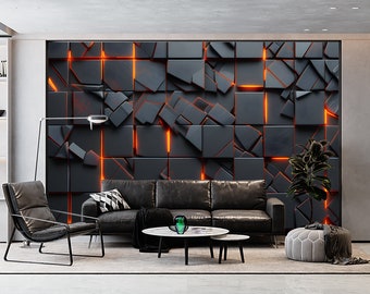 Papel tapiz y mural de arte de pared con cubos cibernéticos geométricos, estilo de alta tecnología, decoración de sala de juegos, sala de juegos para adolescentes, mural de juegos despegable y adhesivo, tamaño personalizado