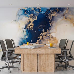 Blue & Gold Marble Wall Mural, Modern Abstract Art (Peel and Stick Wallpaper)