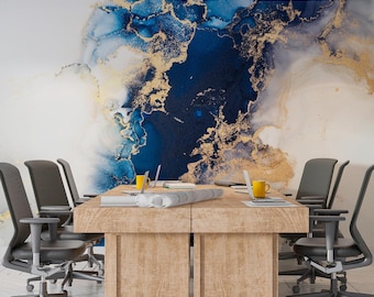 Blue & Gold Marble Wall Mural, Modern Abstract Art (Peel and Stick Wallpaper)