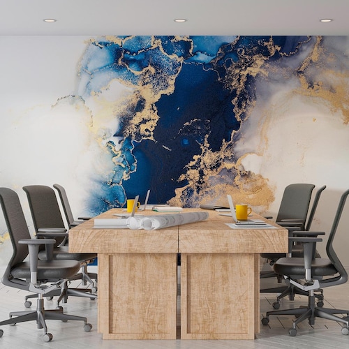Wandbild aus blauem und goldenem Marmor, moderne abstrakte Kunst (selbstklebende Tapete)