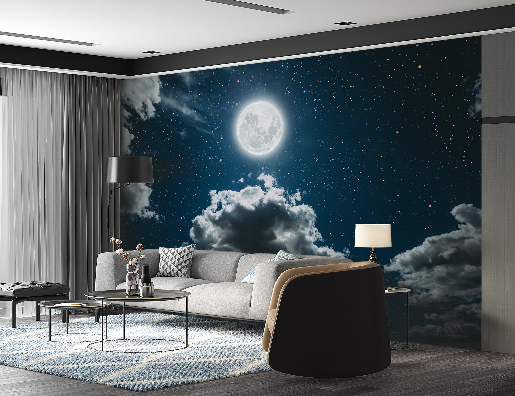 Moon and Clouds Wallpaper & Wall Art Mural Stars Night Sky Full