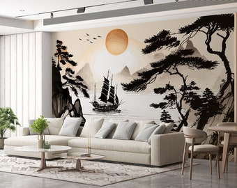 Mountains and Sea Asian Nature Wallpaper &  Japan Nature Japanese Landscape Chinese Wall Art Mural Peel and Stick Decor Home Room