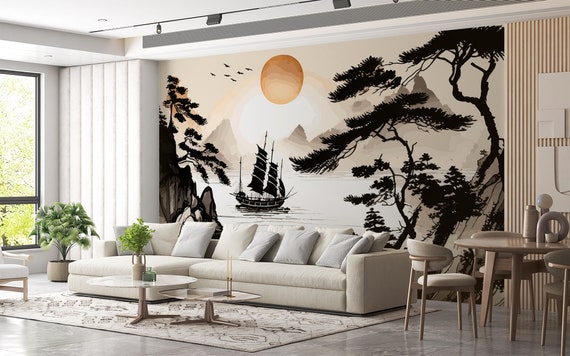 Mountains and Sea Asian Nature Wallpaper &  Japan Nature Japanese Landscape Chinese Wall Art Mural Peel and Stick Decor Home Room