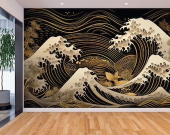 Kanagawa Wallpaper & Wall Mural The Great Wave off Kanagawa Katsushika Hokusai Japanese Gold Efect Wall Art Peel and Stick Decor Home