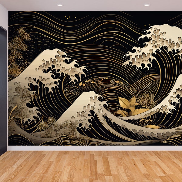 Kanagawa Wallpaper & Wall Mural The Great Wave off Kanagawa Katsushika Hokusai Japanese Gold Efect Wall Art Peel and Stick Decor Home