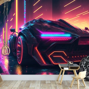Futuristisches Cyberpunk Neon Auto im Stil der 80er Jahre Wandbild & Tapete Nachtstadt Neon Cyberpunk Peel and Stick Wall Decor Home Wohnzimmer