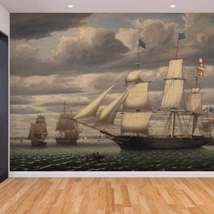 Sailboat Rural Vintage Scene Reproduction Wall Art Mural & Wallpaper Sailing Ship Southern Cross in Boston Harbor Peel and Stick Decor Home