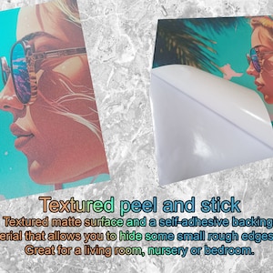 May include: A peel and stick wall decal featuring a woman with sunglasses and a tropical background. The decal has a textured matte surface and a self-adhesive backing. It is great for hiding small imperfections on the wall.
