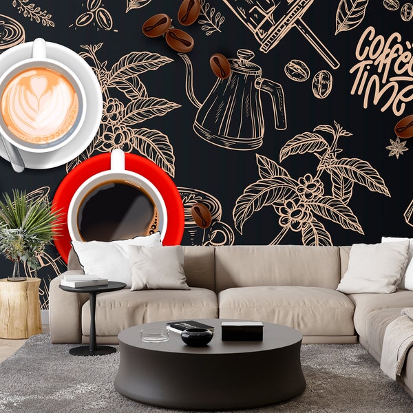 Coffee Wallpaper & Wall Art Mural Cup of Coffee Shop Cafe Decor Kitchen Art Deco Peel and Stick Custom Size