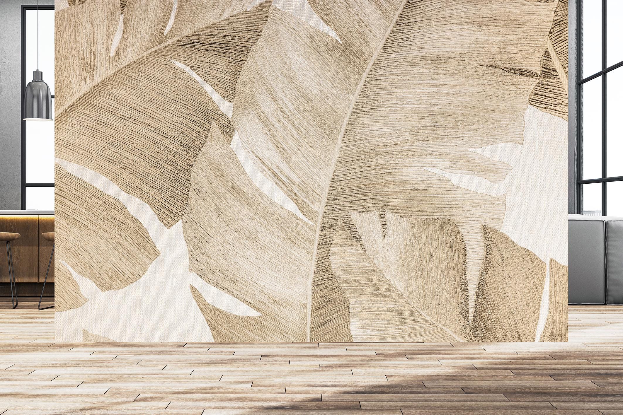 Banana Leaves Wallpaper Tropical Wall Mural Abstract Beige Banana Leaf ...