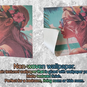 May include: Non-woven wallpaper with a stylized illustration of a woman wearing sunglasses and a floral headband. The wallpaper has a matte textured finish and is applied with wallpaper paste. Suitable for bedrooms, living rooms, or children's rooms.
