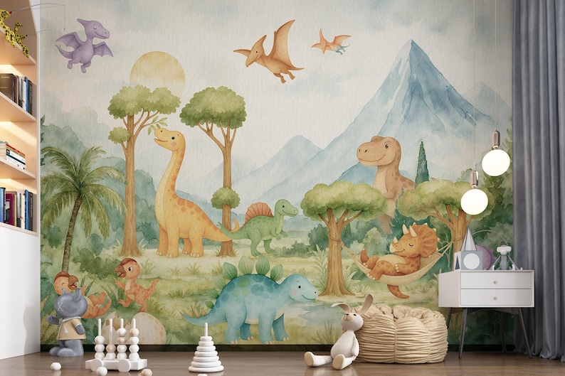 May include: A watercolour mural with a dinosaur theme. The artwork shows various dinosaurs, trees, mountains, and flying pterodactyls in a soft, pastel colour palette. The scene creates a playful and imaginative atmosphere, suitable for a child's room.