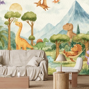 May include: A watercolour mural with a dinosaur theme. The artwork shows various dinosaurs, including a Brontosaurus, T-Rex, and Triceratops, set against a backdrop of trees, mountains, and flying Pterodactyls. The colour palette includes greens, oranges, and blues.