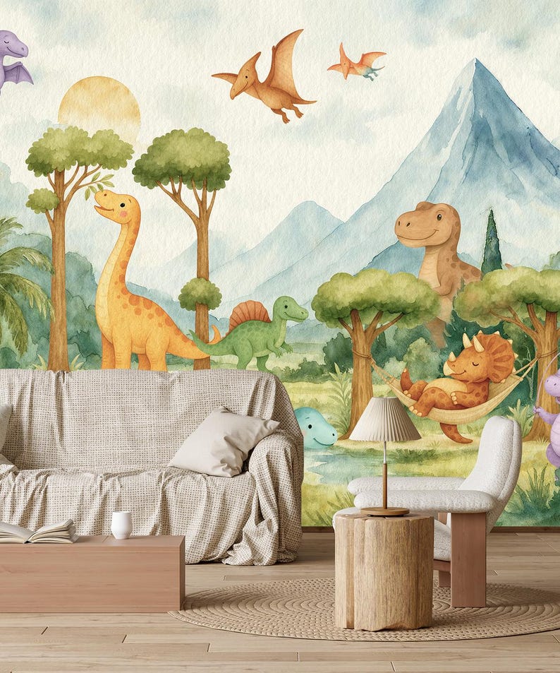 May include: A watercolour mural with a dinosaur theme. The artwork shows various dinosaurs, including a Brontosaurus, T-Rex, and Triceratops, set against a backdrop of trees, mountains, and flying Pterodactyls. The colour palette includes greens, oranges, and blues.