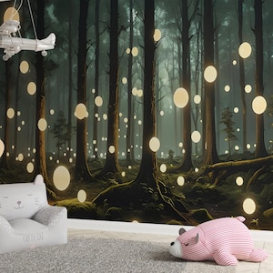 Magical Woodland Wall Mural Peel and Stick Enchanted Forest Fantasy Nursery Forest Fairytale Mystic Room Decor Peel and Stick Custom Size