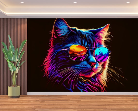 Neon Cat Wallpaper Mural, Retro Vaporwave Decor