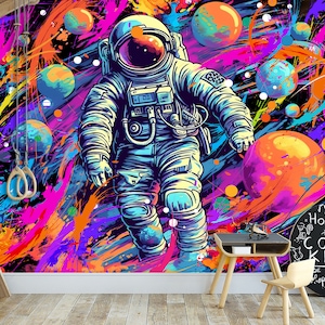 Carta da parati con graffiti spaziali e astronauti, arte di strada, pianeti, murale, arte urbana, arte moderna, decorazione staccabile e adesiva