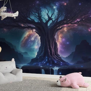 Magical Tree Wallpaper & Fantasy Woodland Wall Art Mural Fireflies Fairy Tree Fairies Nursery Wall Mural Peel and Stick Kid Room Custom Size