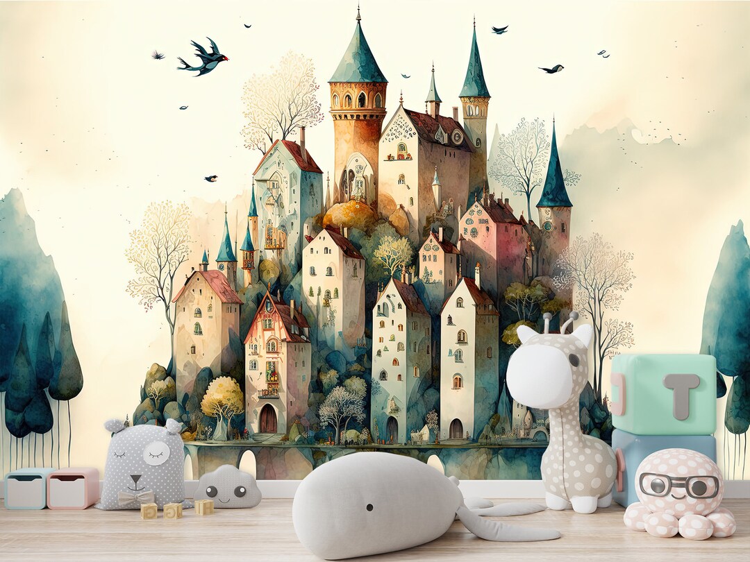 Watercolor Castle Wallpaper Fairy Tale Castle Wall Mural for Bedroom ...