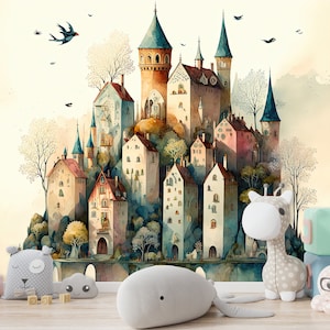 Fairy Tale City Castle Watercolor Wall Art Mural & Wallpaper Landscape Kids Girl Castle Splashes Modern Wall Art Peel and Stick Decor Home