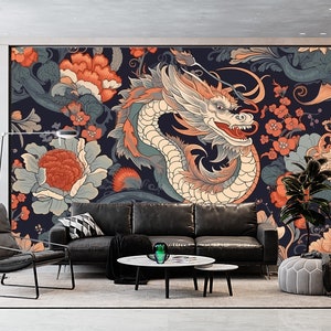 Dragon Japanese Wallpaper & Wall Mural Fantasy Asian Dragon Chinese Wall Art Peel and Stick Decor Home