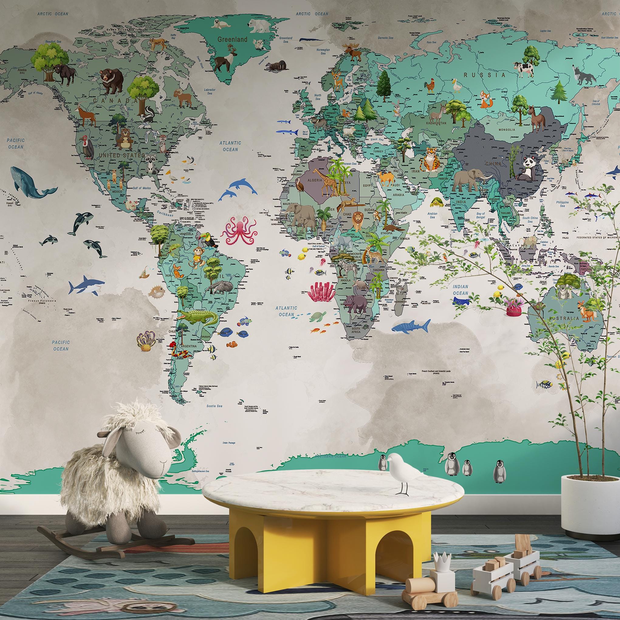 Kids World Map Wallpaper With Animals Peel and Stick Vinyl Educational ...