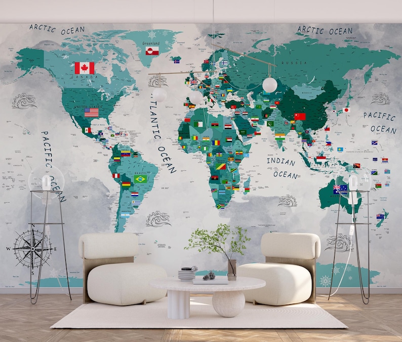 World Map Wallpaper With Country Flags Educational Political Map Wall ...