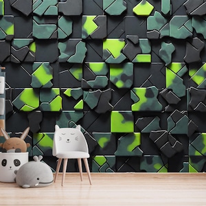 Carta da parati murale con cubi verdi Carta da parati da gioco ad alta tecnologia Arte murale Decorazione geometrica in stile cyber Sala giochi per adolescenti Stacca e attacca Dimensioni personalizzate