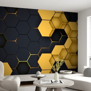 Hexagonal Black & Yellow Hi-Tech Cubes Wall Art Mural Abstract Wallpaper Hexagon Geometric Peel and Stick Decor Playroom Gaming