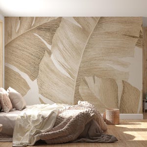 Carta da parati con foglie di banano, carta da parati tropicale, carta da parati astratta in stile Art Déco, per soggiorno, con foglie di banano beige, staccabile e attaccabile.