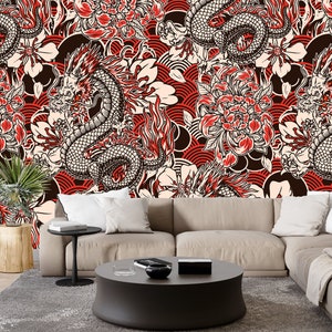 Red Fire Dragon Asian Wallpaper & Wall Mural Chinese Japanese Concrete Pattern Self Adhesive Wall Art Peel and Stick Decor Home Wallpape