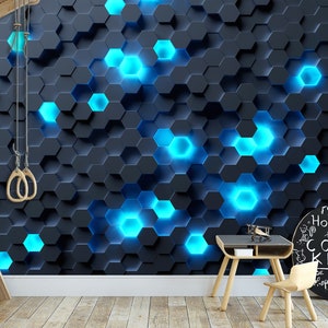 Hi-Tech Sechseckige Tapete Geometrische Würfel Schwarz-Blau-Wand-Kunst-Wandbild Hexagon Neon Peel and Stick-Wand-Wandbild Dekor Spielzimmer Teen Wandbild