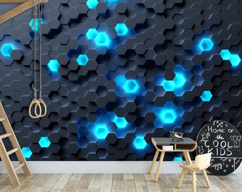 Mural de papel tapiz de neón hexagonal: cubos geométricos, arte de pared autoadhesivo en negro y azul