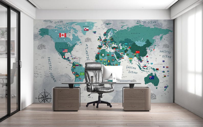 World Map Wallpaper With Country Flags Educational Political Map Wall ...