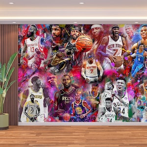 Carta da parati con motivo a basket e collage di basket colorato, murale in stile sportivo Art Déco, decorazione staccabile e adesiva per camerette di adolescenti e bambini