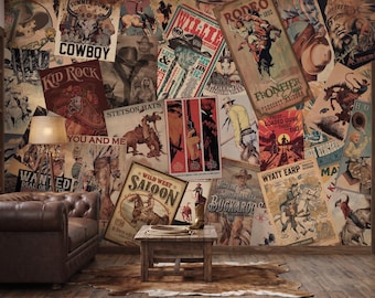 Vintage Western Rodeo Poster Collage Wallpaper Wild West Mural