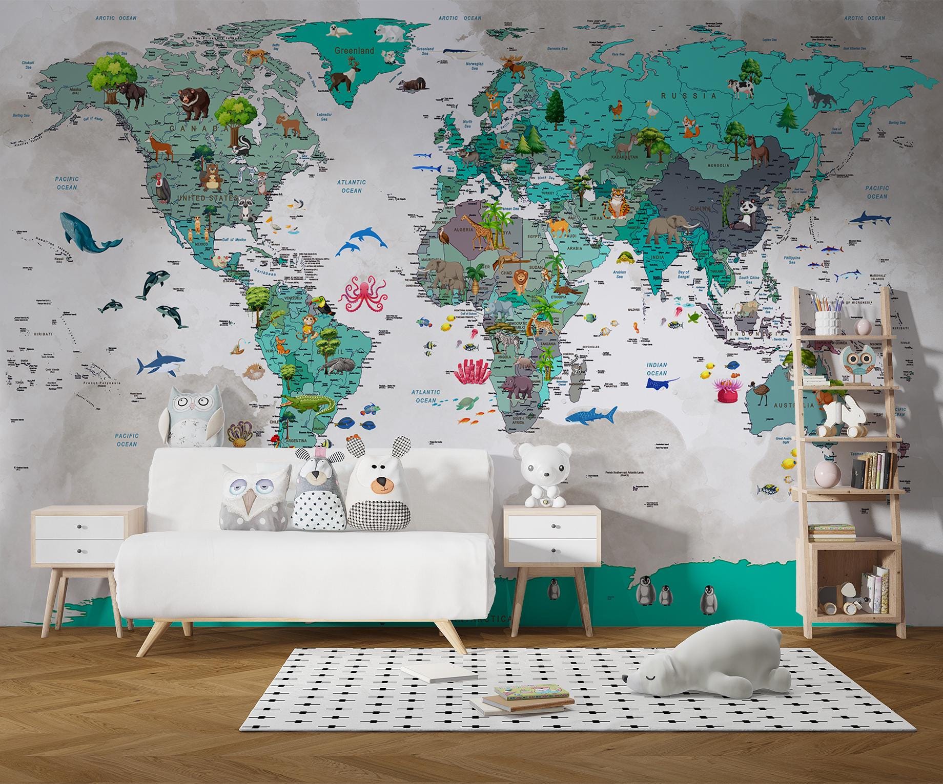Kids World Map Wallpaper With Animals Peel and Stick Vinyl Educational ...